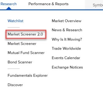 Image of the market screener from the research menu in portal. 